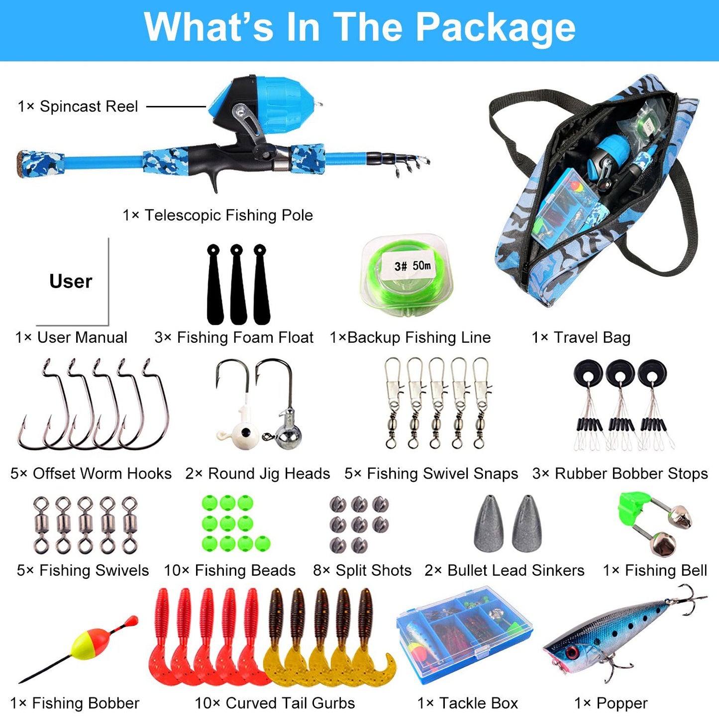 Kids Fishing Pole Set Fishing Starter Kit Telescopic Fishing Rod and Reel Combo Kit with Tackle Box 56Pcs Fishing Lures for Boys Girls